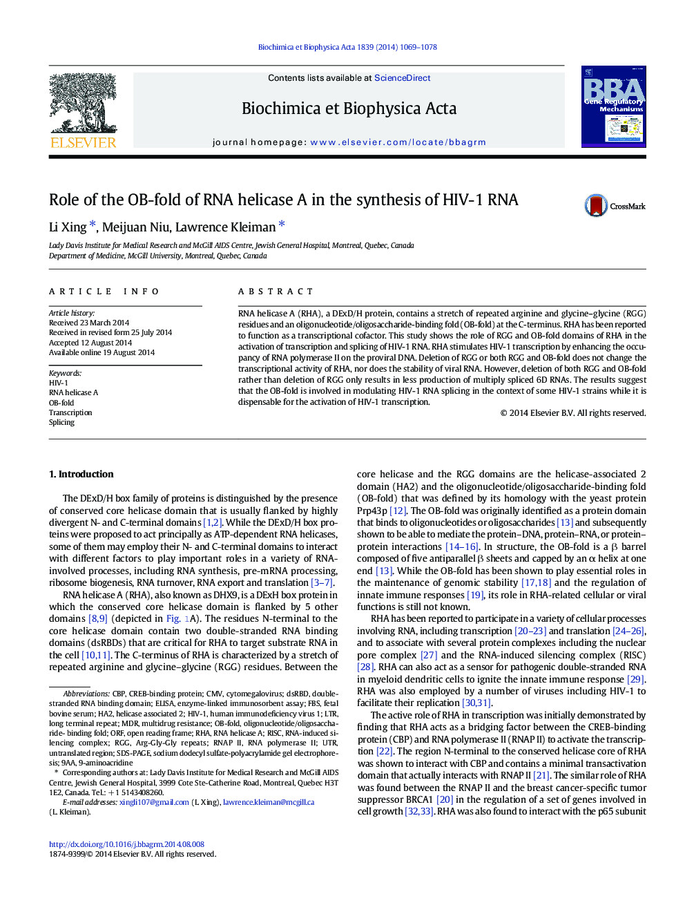 Role of the OB-fold of RNA helicase A in the synthesis of HIV-1 RNA