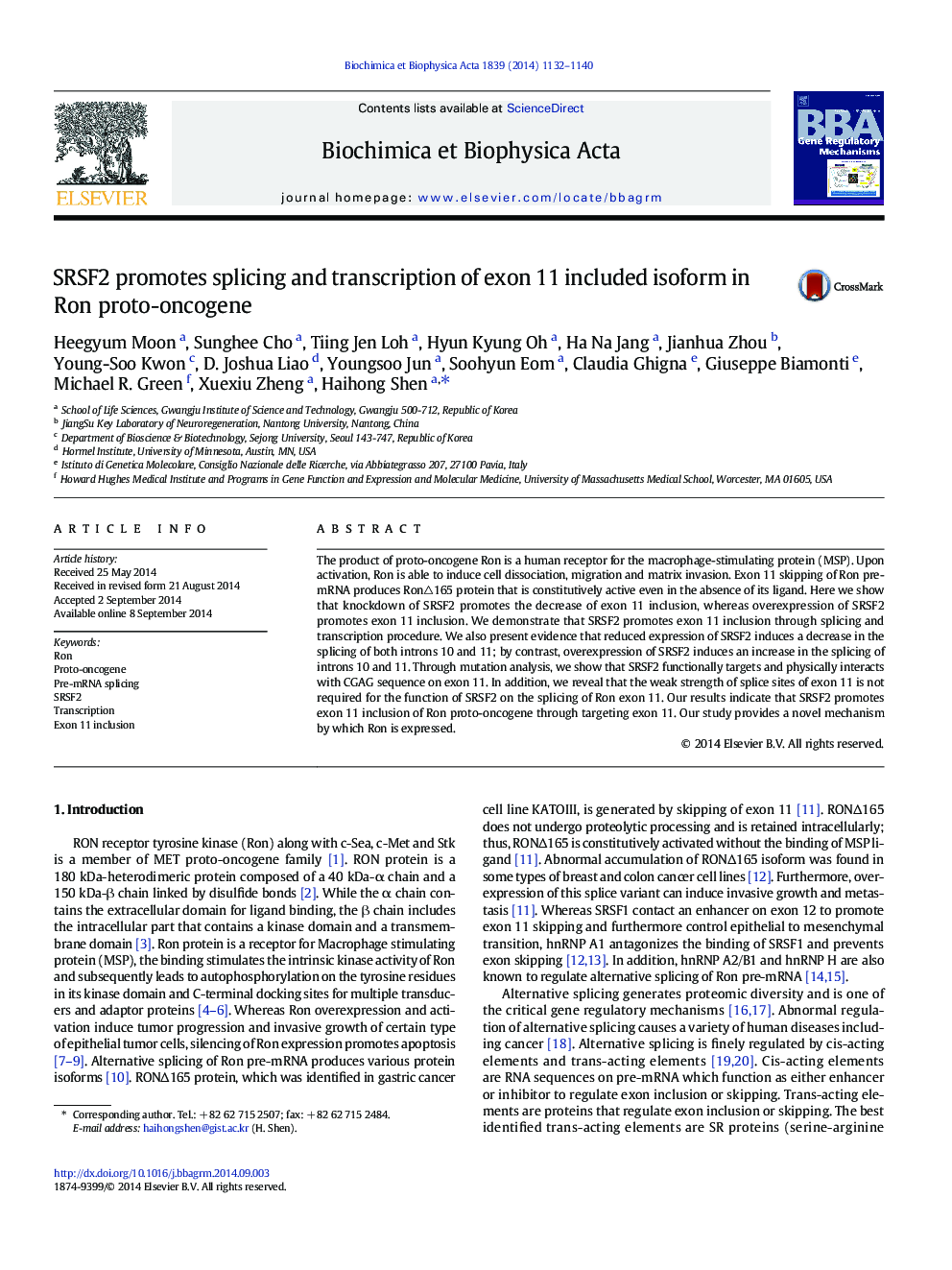 SRSF2 promotes splicing and transcription of exon 11 included isoform in Ron proto-oncogene