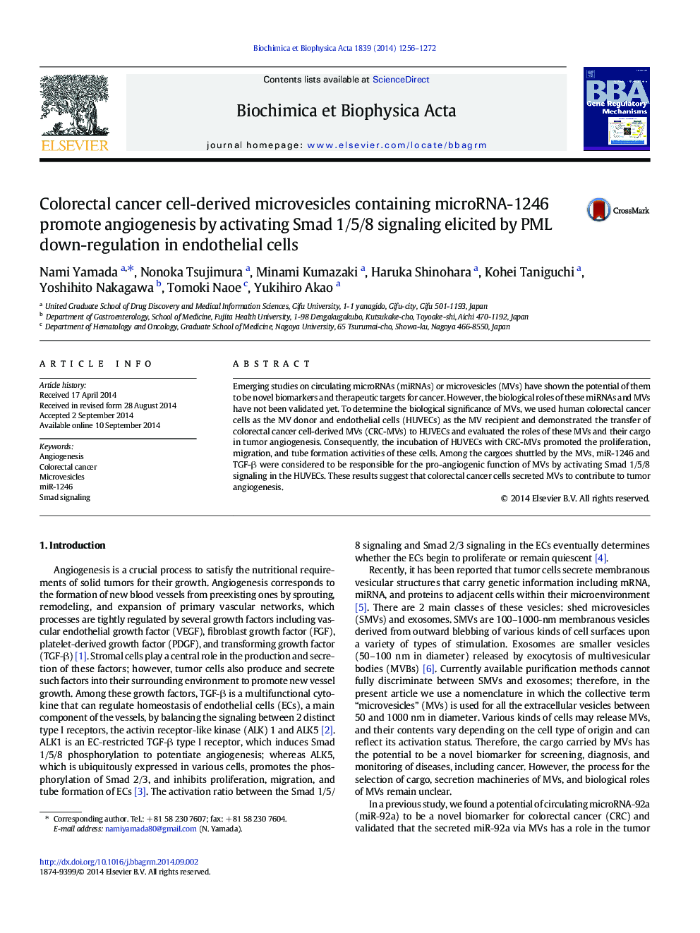 Colorectal cancer cell-derived microvesicles containing microRNA-1246 promote angiogenesis by activating Smad 1/5/8 signaling elicited by PML down-regulation in endothelial cells