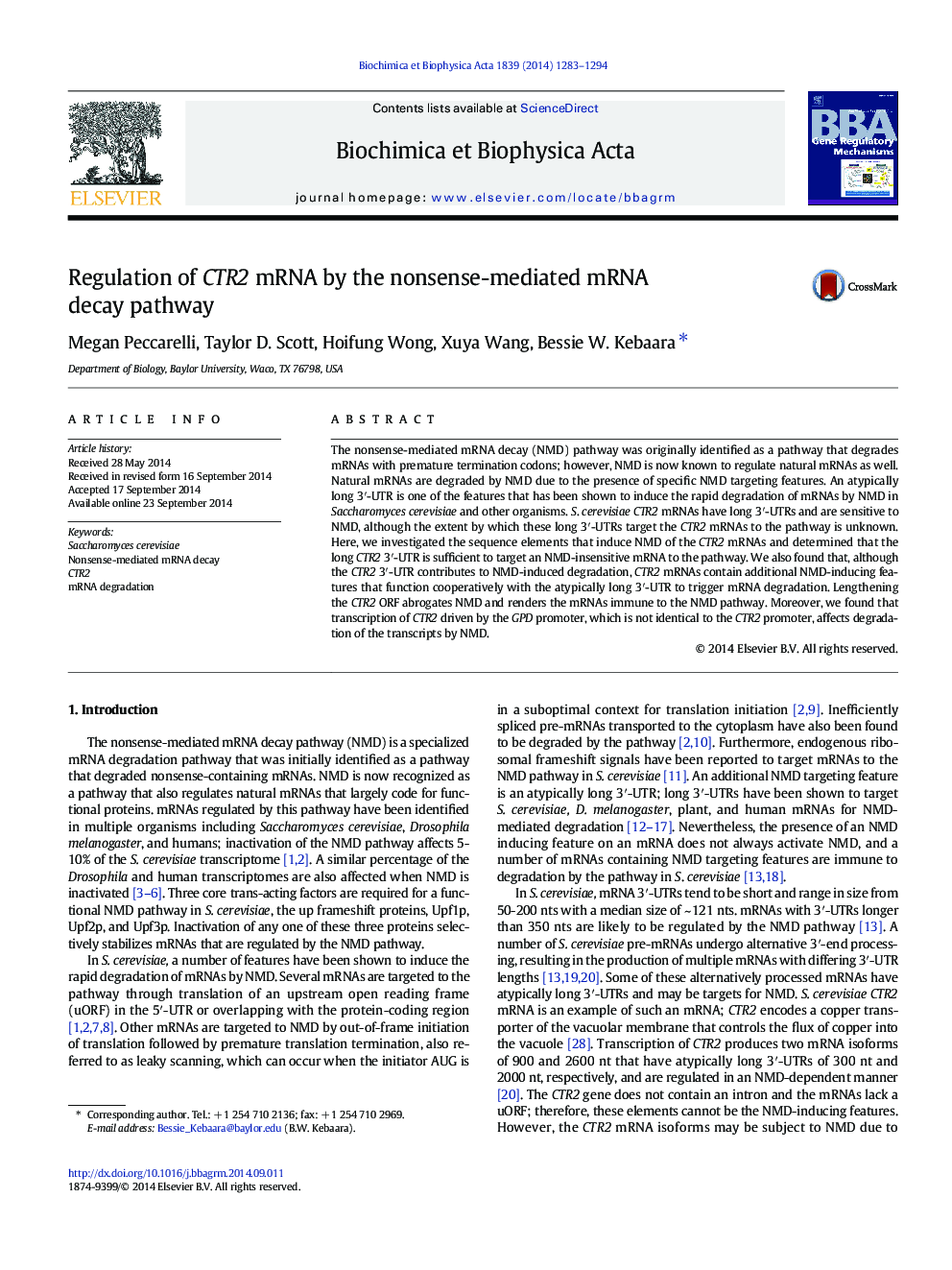 Regulation of CTR2 mRNA by the nonsense-mediated mRNA decay pathway