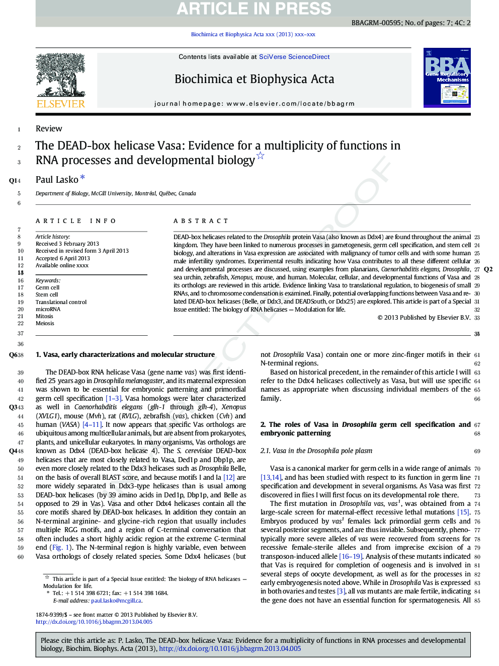 The DEAD-box helicase Vasa: Evidence for a multiplicity of functions in RNA processes and developmental biology