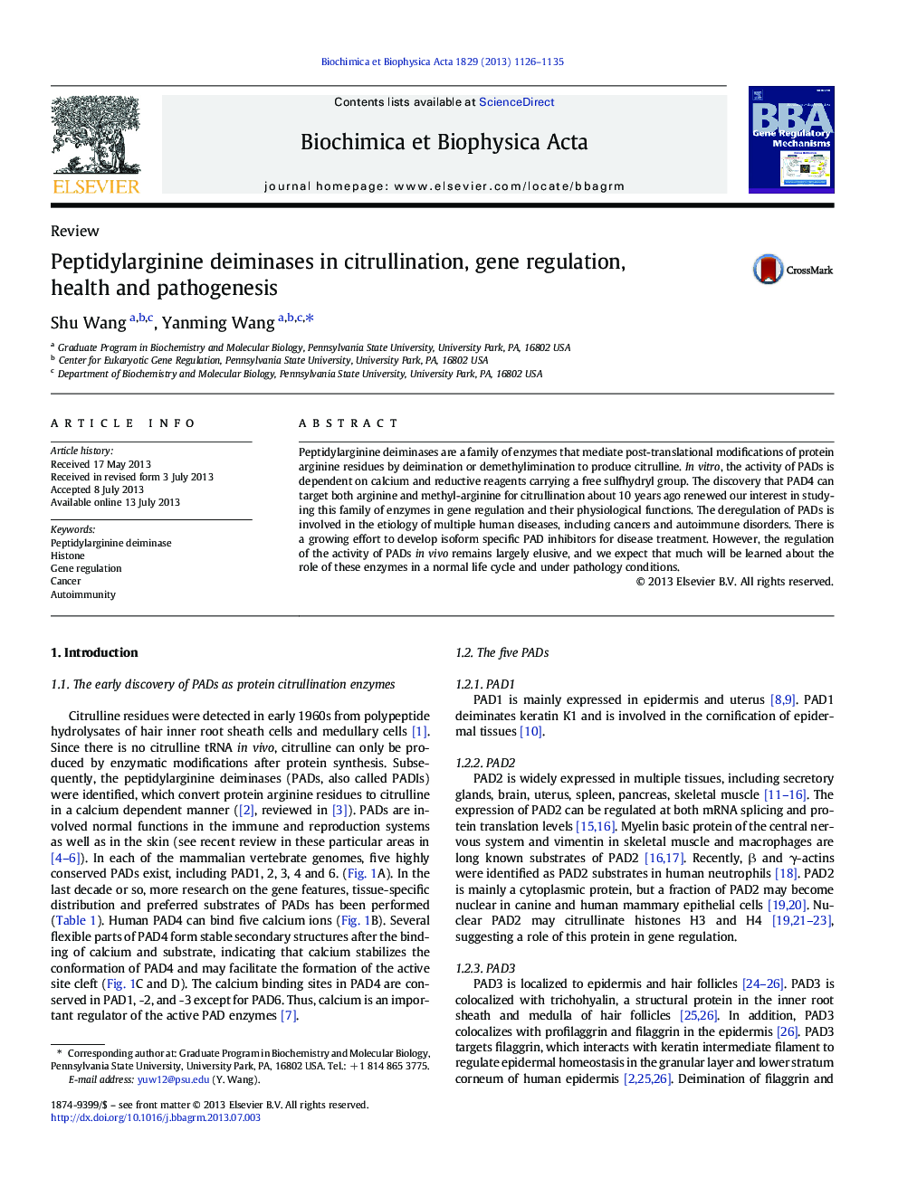 Peptidylarginine deiminases in citrullination, gene regulation, health and pathogenesis