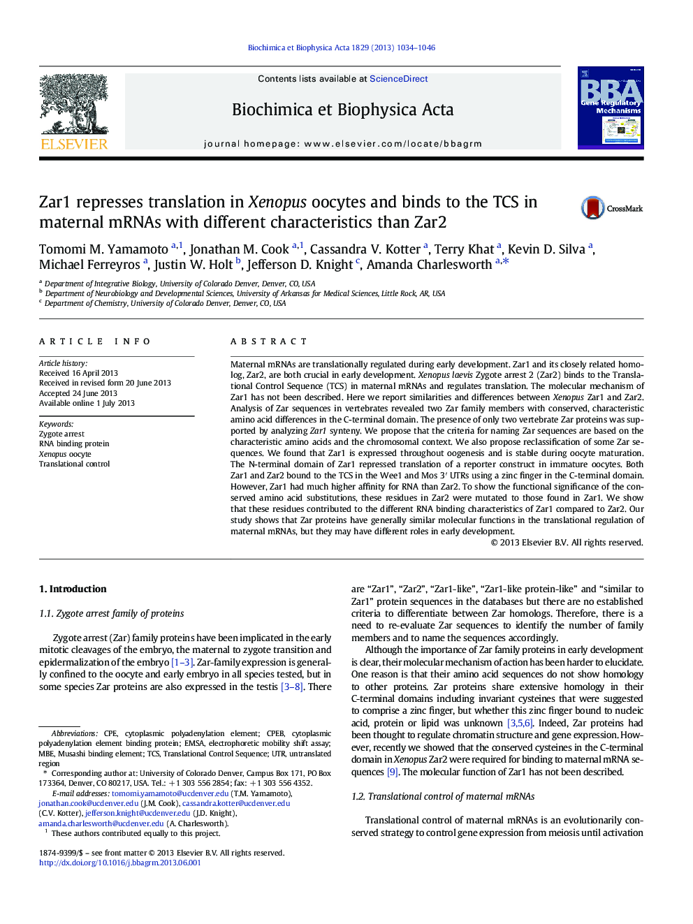 Zar1 represses translation in Xenopus oocytes and binds to the TCS in maternal mRNAs with different characteristics than Zar2