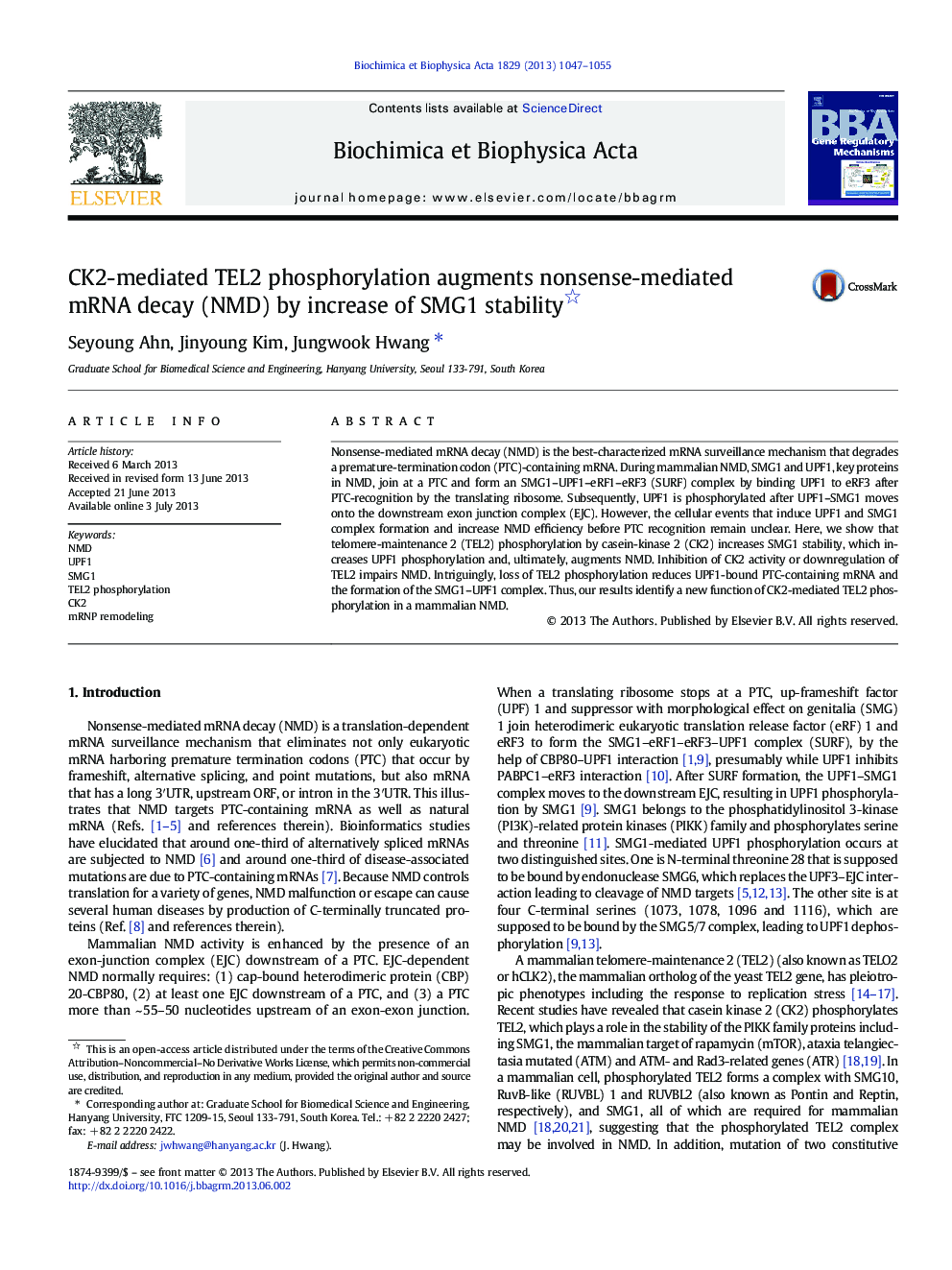 CK2-mediated TEL2 phosphorylation augments nonsense-mediated mRNA decay (NMD) by increase of SMG1 stability