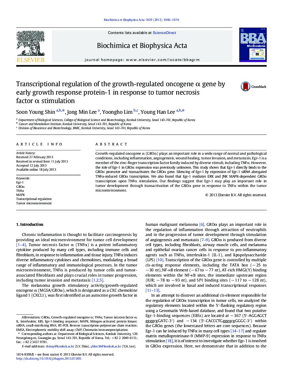 Transcriptional regulation of the growth-regulated oncogene Î± gene by early growth response protein-1 in response to tumor necrosis factor Î± stimulation