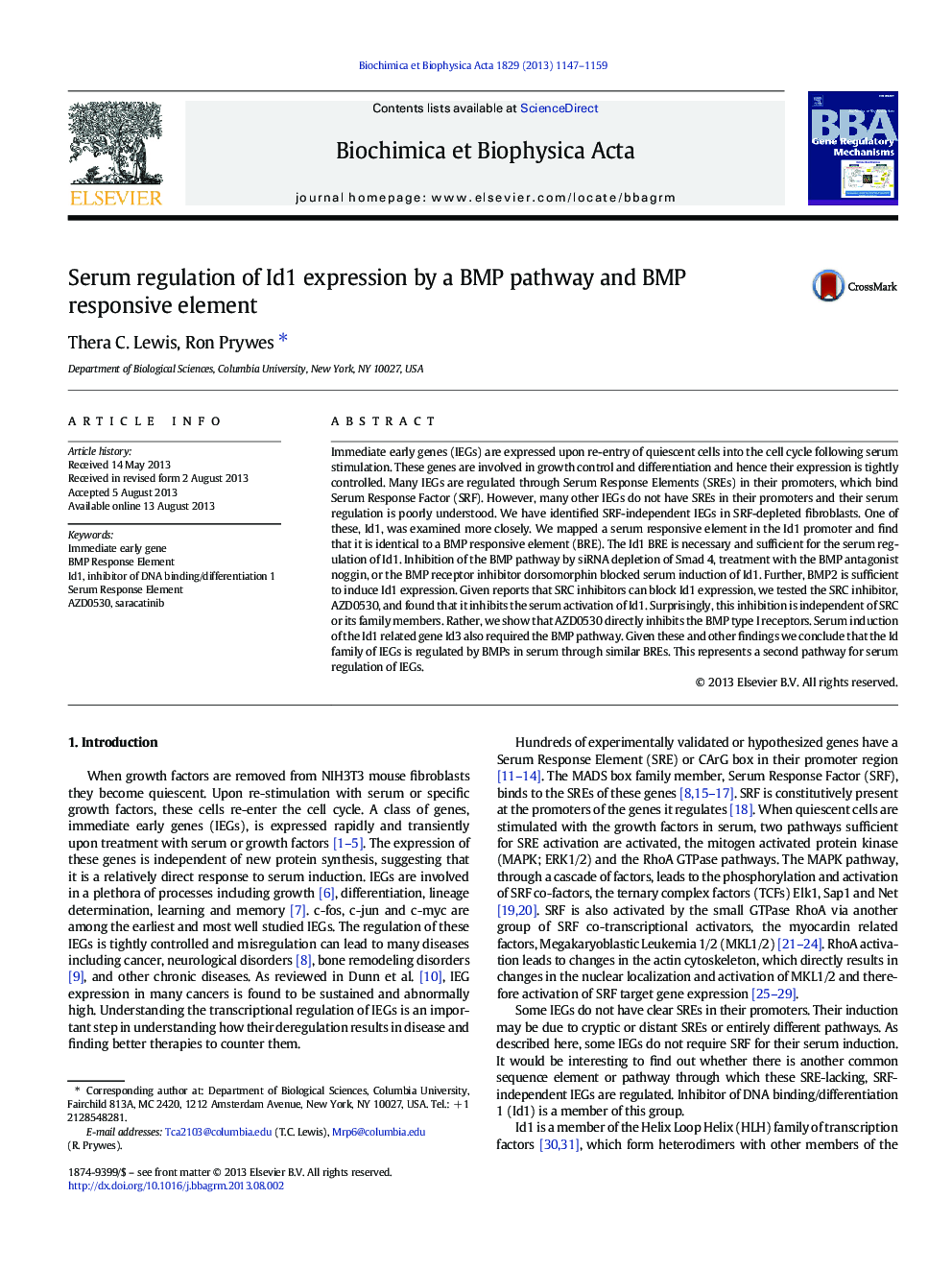 Serum regulation of Id1 expression by a BMP pathway and BMP responsive element