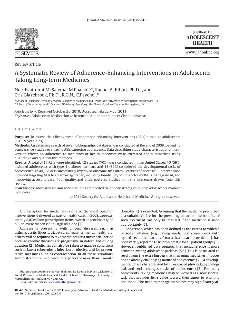 A Systematic Review of Adherence-Enhancing Interventions in Adolescents Taking Long-term Medicines