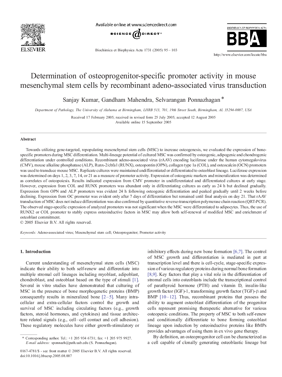 Determination of osteoprogenitor-specific promoter activity in mouse mesenchymal stem cells by recombinant adeno-associated virus transduction