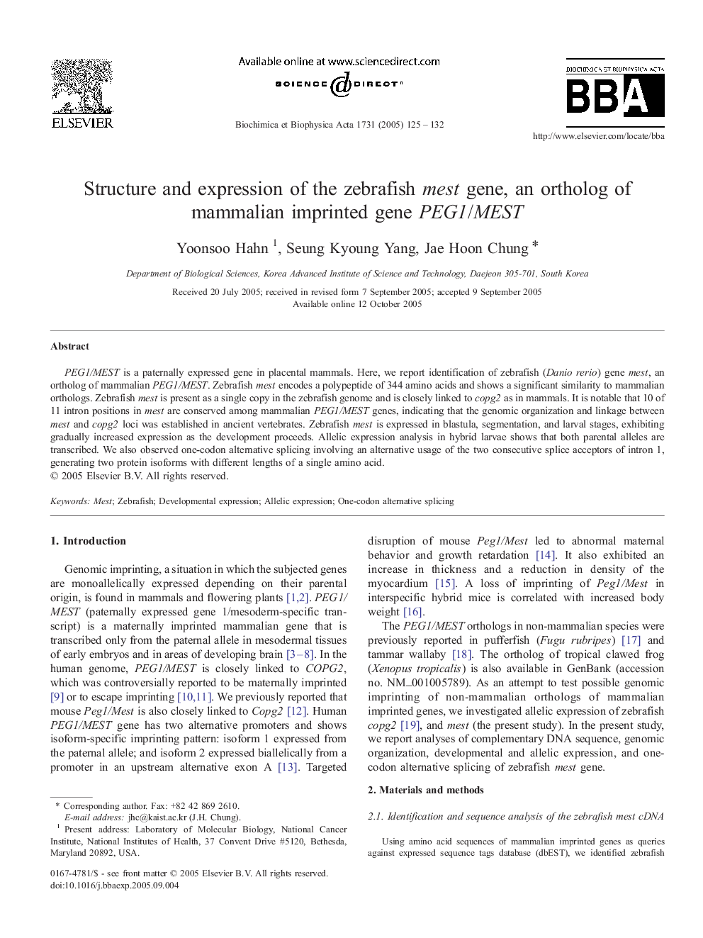 Structure and expression of the zebrafish mest gene, an ortholog of mammalian imprinted gene PEG1/MEST