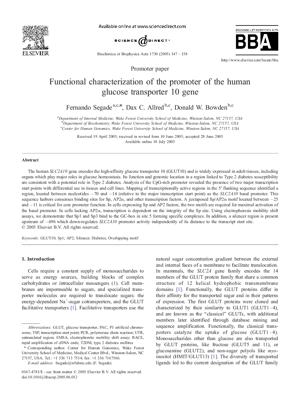 Functional characterization of the promoter of the human glucose transporter 10 gene