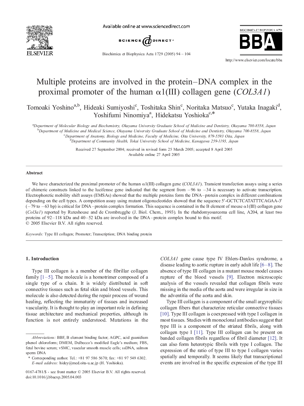 Multiple proteins are involved in the protein-DNA complex in the proximal promoter of the human Î±1(III) collagen gene (COL3A1)