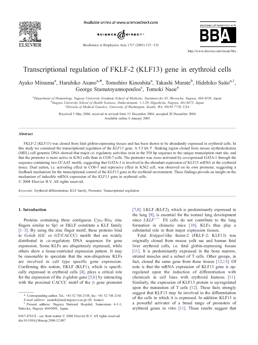 Transcriptional regulation of FKLF-2 (KLF13) gene in erythroid cells