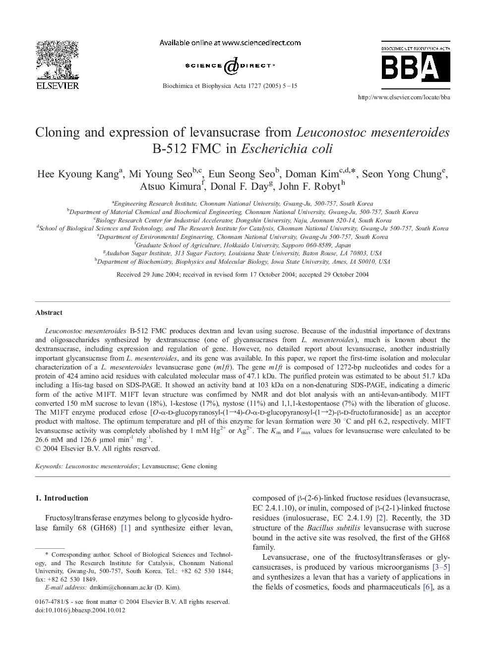 Cloning and expression of levansucrase from Leuconostoc mesenteroides B-512 FMC in Escherichia coli