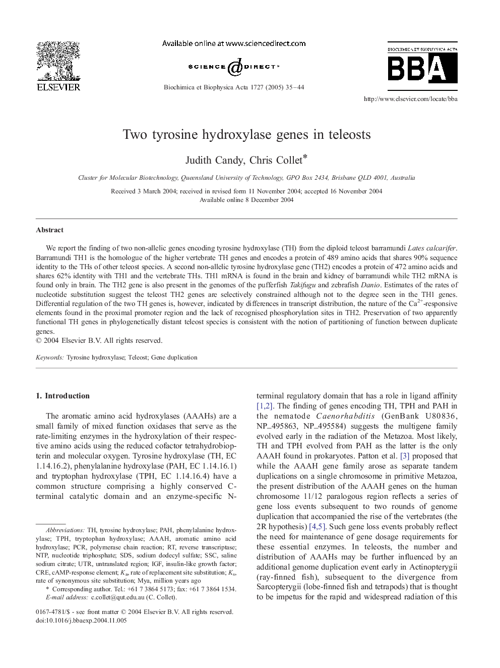 Two tyrosine hydroxylase genes in teleosts