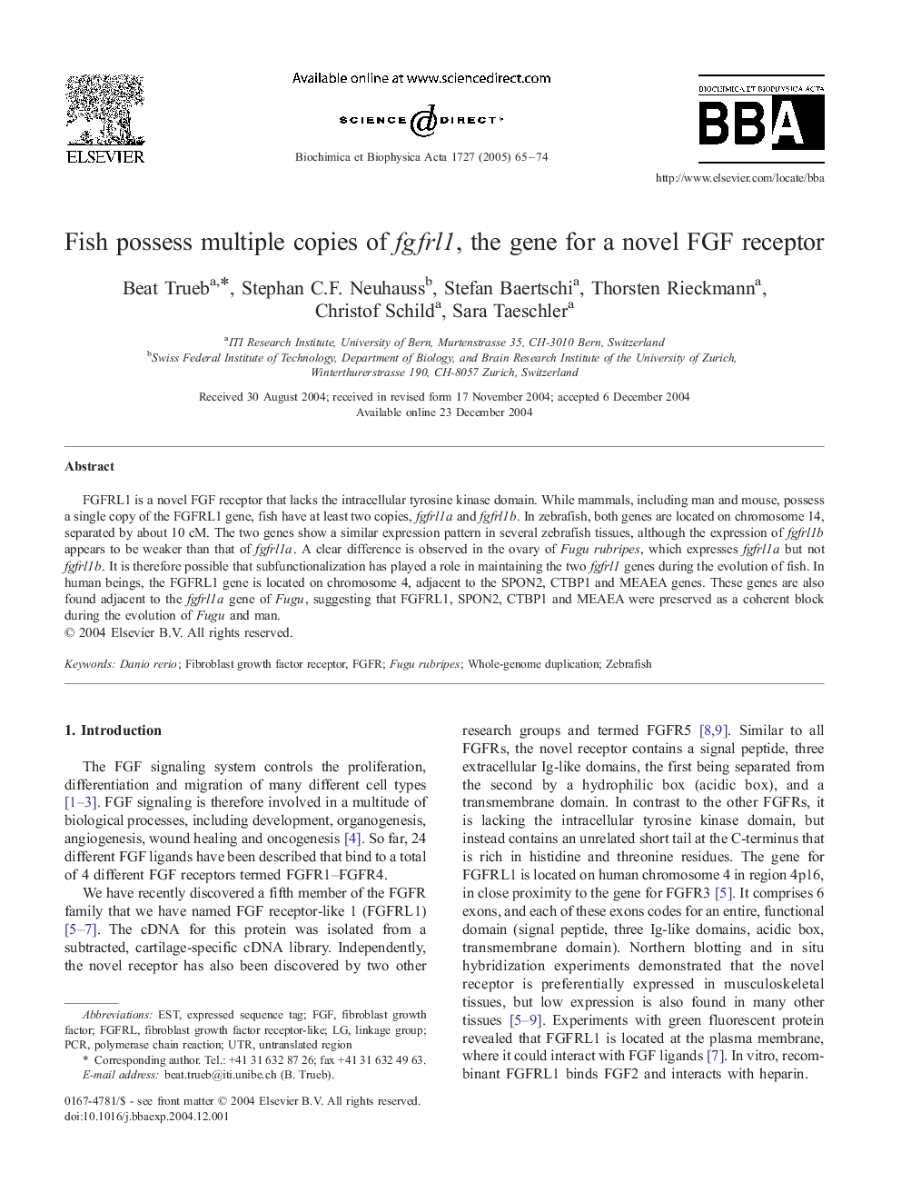 Fish possess multiple copies of fgfrl1, the gene for a novel FGF receptor