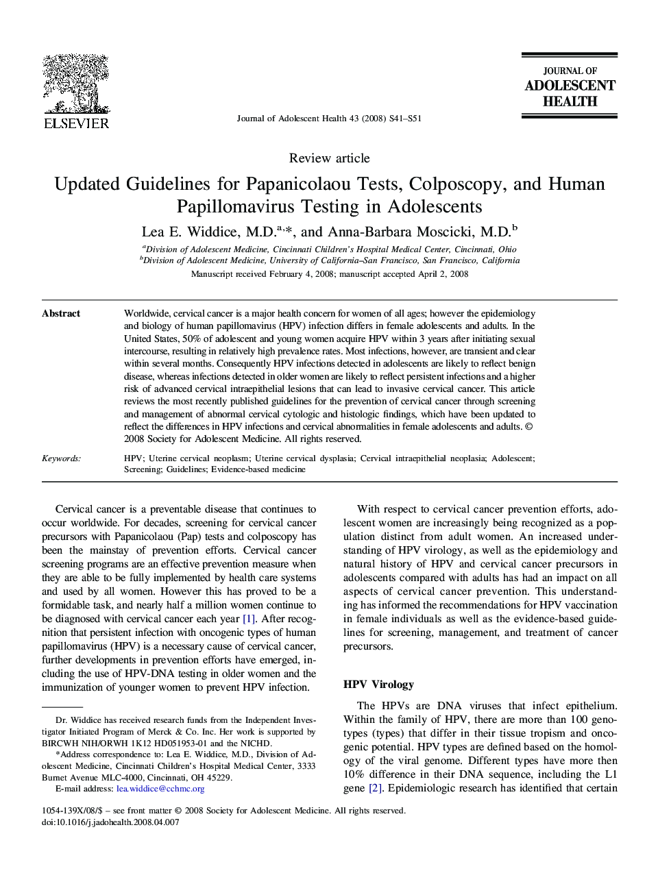 Updated Guidelines for Papanicolaou Tests, Colposcopy, and Human Papillomavirus Testing in Adolescents 