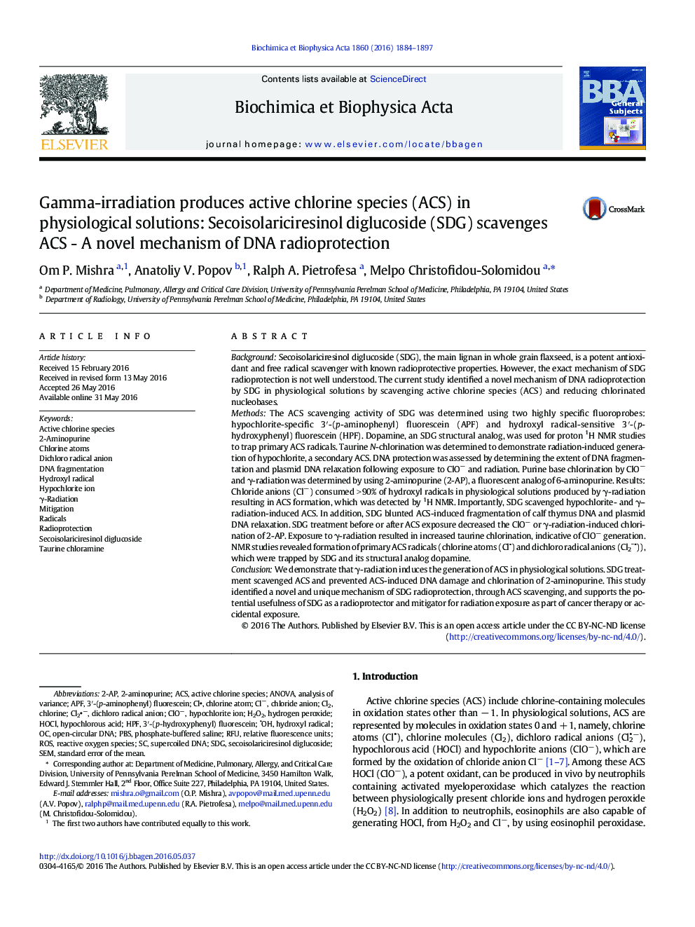 Gamma-irradiation produces active chlorine species (ACS) in physiological solutions: Secoisolariciresinol diglucoside (SDG) scavenges ACS - A novel mechanism of DNA radioprotection