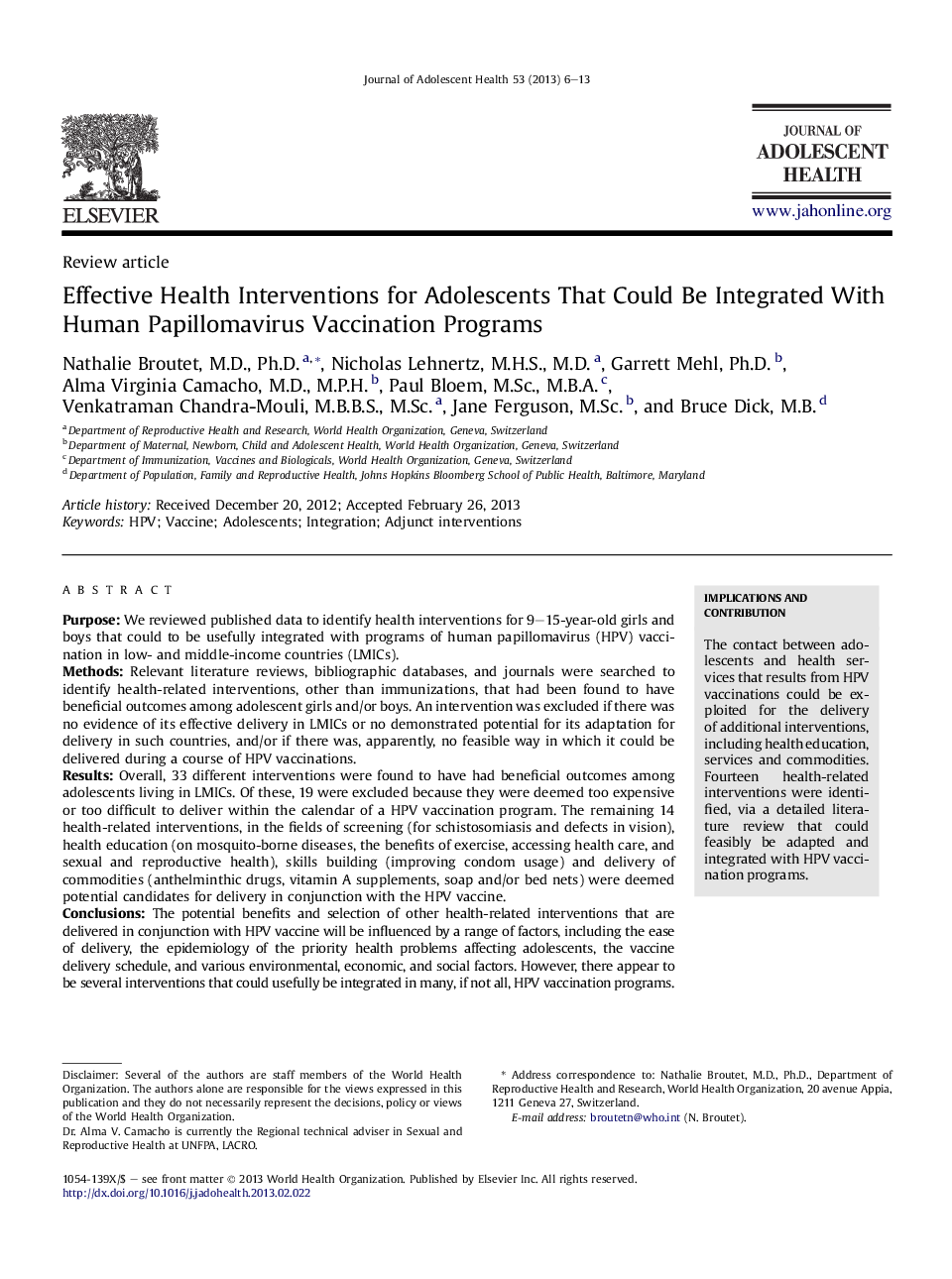 Effective Health Interventions for Adolescents That Could Be Integrated With Human Papillomavirus Vaccination Programs 