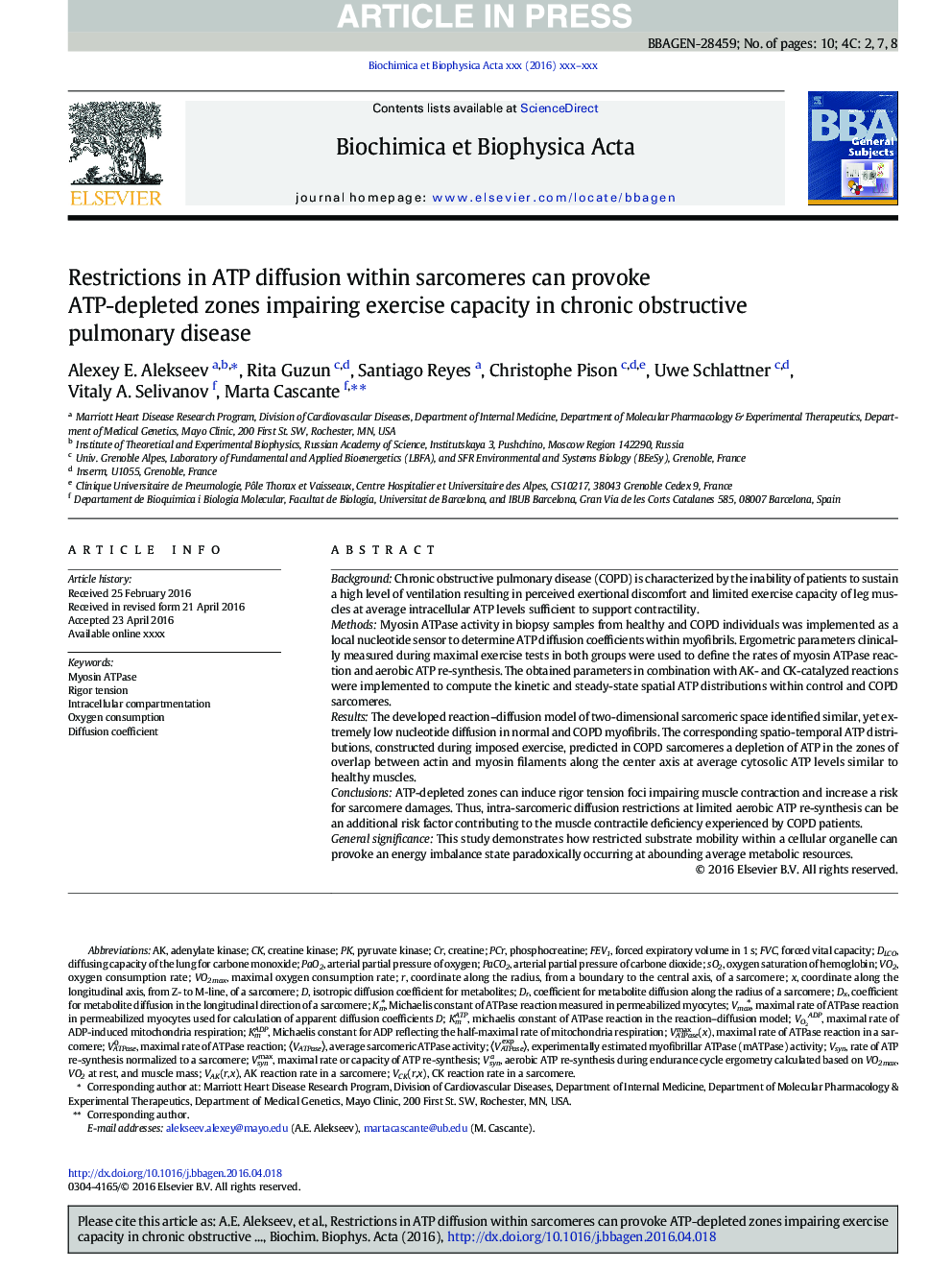 Restrictions in ATP diffusion within sarcomeres can provoke ATP-depleted zones impairing exercise capacity in chronic obstructive pulmonary disease