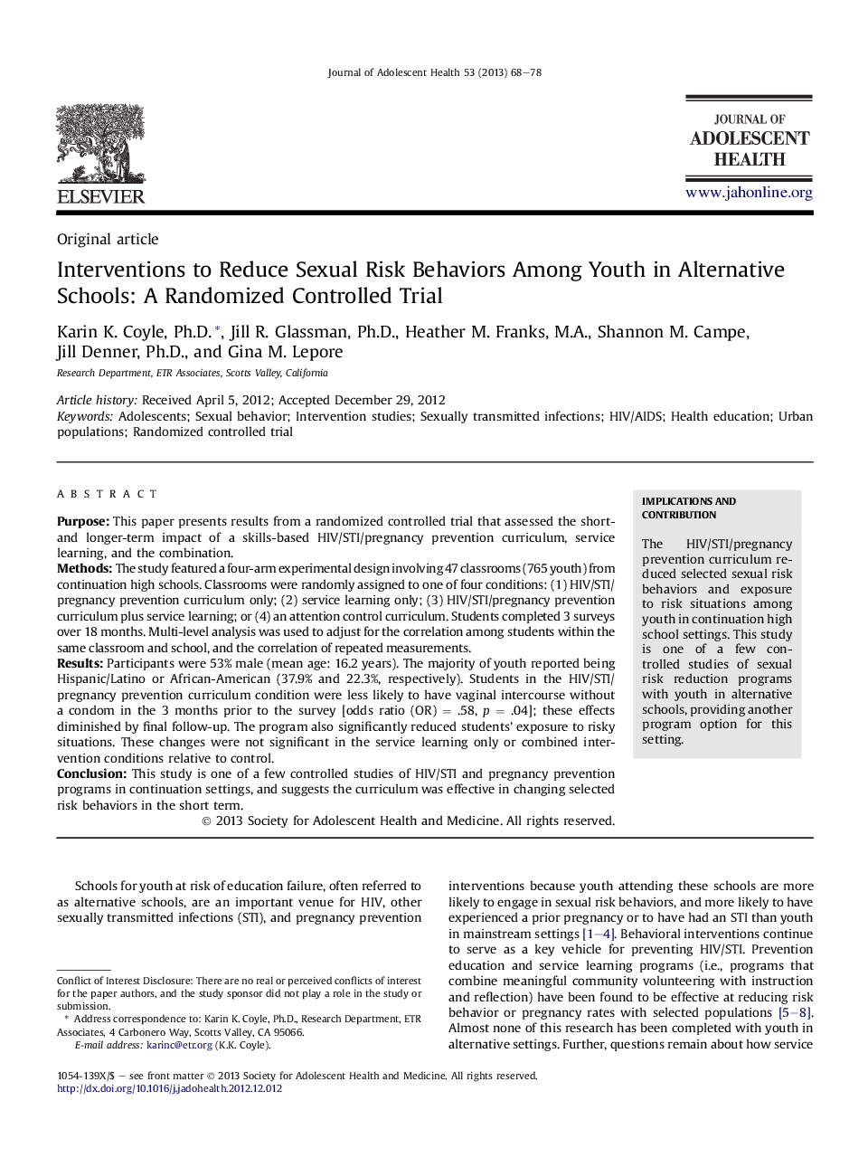 عکس صفحه اول مقاله: Interventions to Reduce Sexual Risk Behaviors Among Youth in Alternative Schools: A Randomized Controlled Trial Interventions to Reduce Sexual Risk Behaviors Among Youth in Alternative Schools: A Randomized Controlled Trial