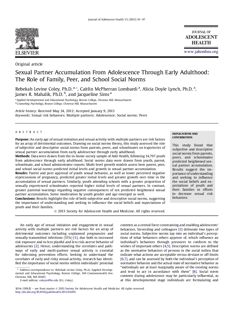 Sexual Partner Accumulation From Adolescence Through Early Adulthood: The Role of Family, Peer, and School Social Norms