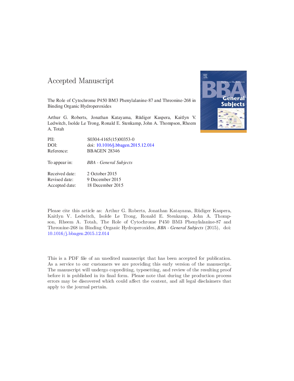 The role of cytochrome P450 BM3 phenylalanine-87 and threonine-268 in binding organic hydroperoxides