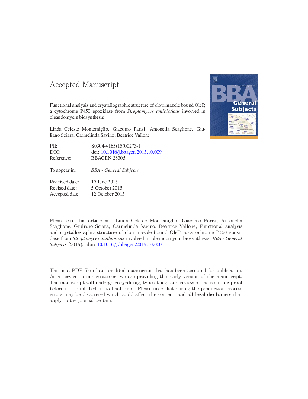 Functional analysis and crystallographic structure of clotrimazole bound OleP, a cytochrome P450 epoxidase from Streptomyces antibioticus involved in oleandomycin biosynthesis