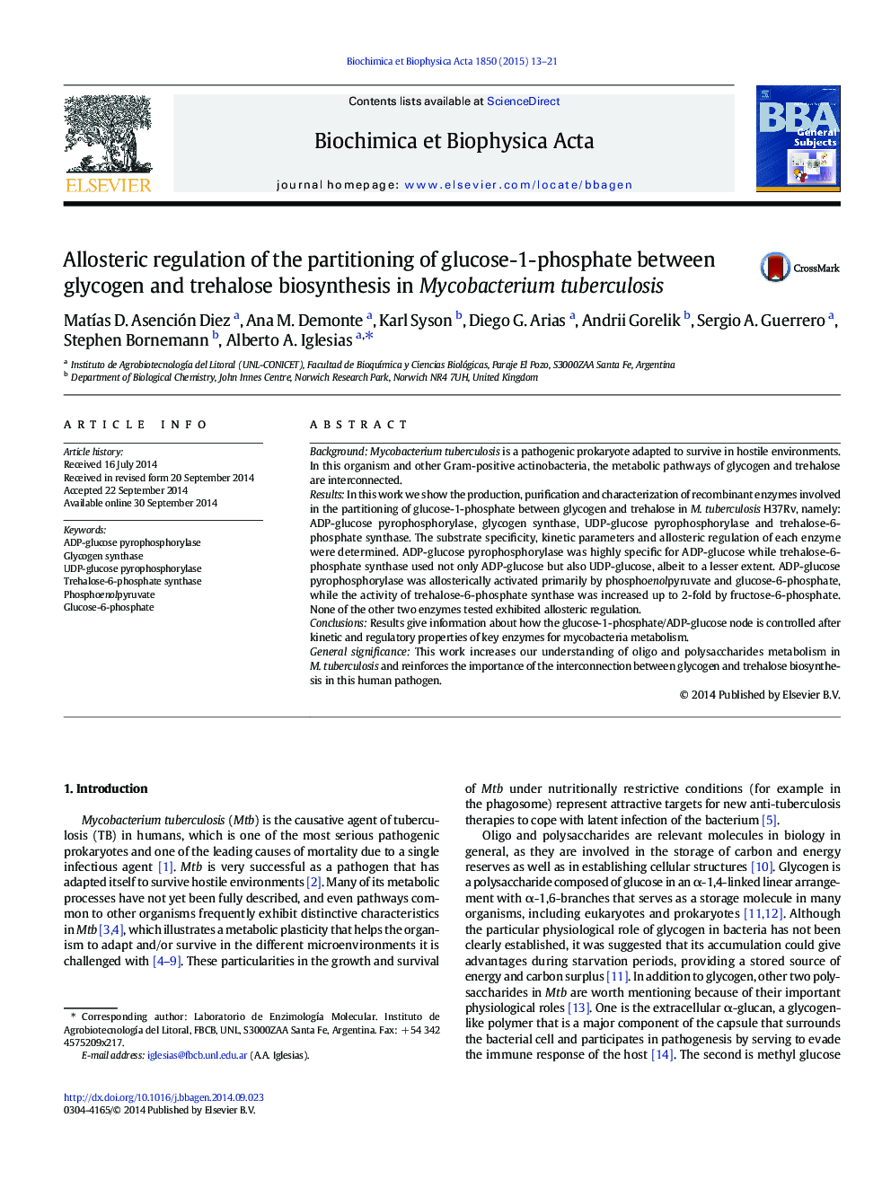 Allosteric regulation of the partitioning of glucose-1-phosphate between glycogen and trehalose biosynthesis in Mycobacterium tuberculosis