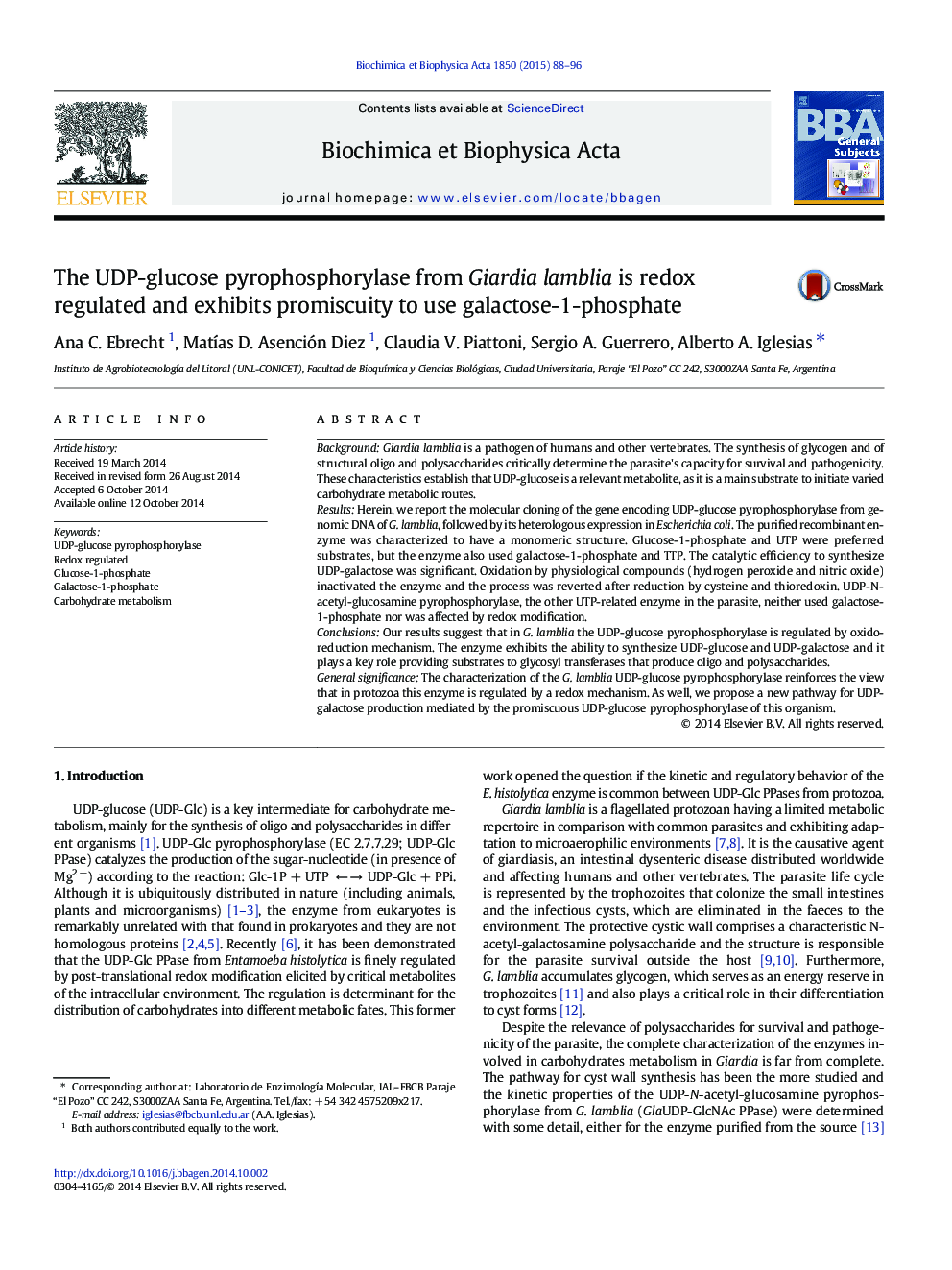 The UDP-glucose pyrophosphorylase from Giardia lamblia is redox regulated and exhibits promiscuity to use galactose-1-phosphate