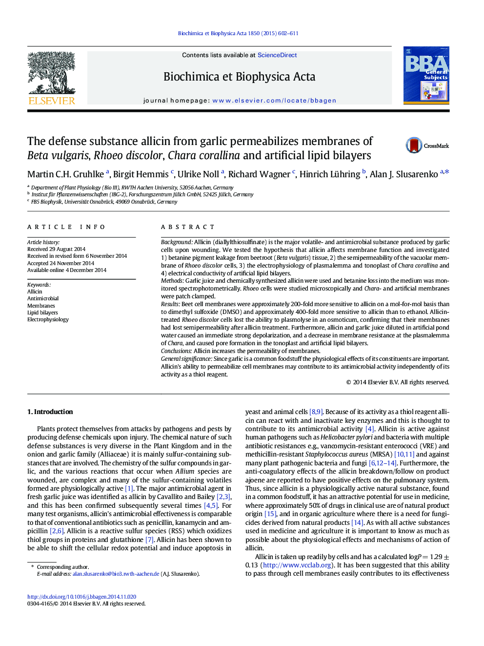 The defense substance allicin from garlic permeabilizes membranes of Beta vulgaris, Rhoeo discolor, Chara corallina and artificial lipid bilayers