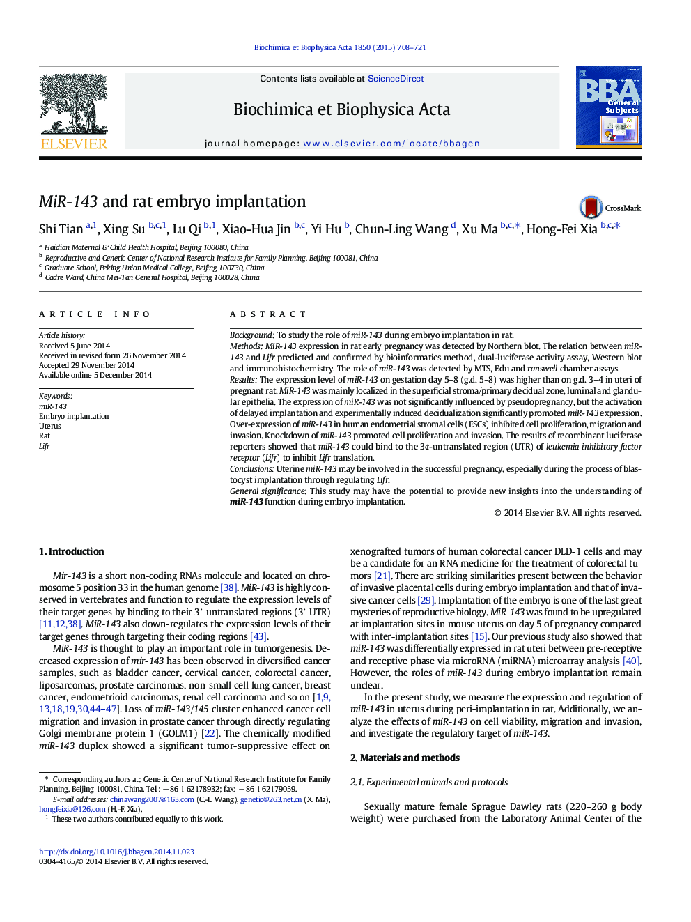 MiR-143 and rat embryo implantation