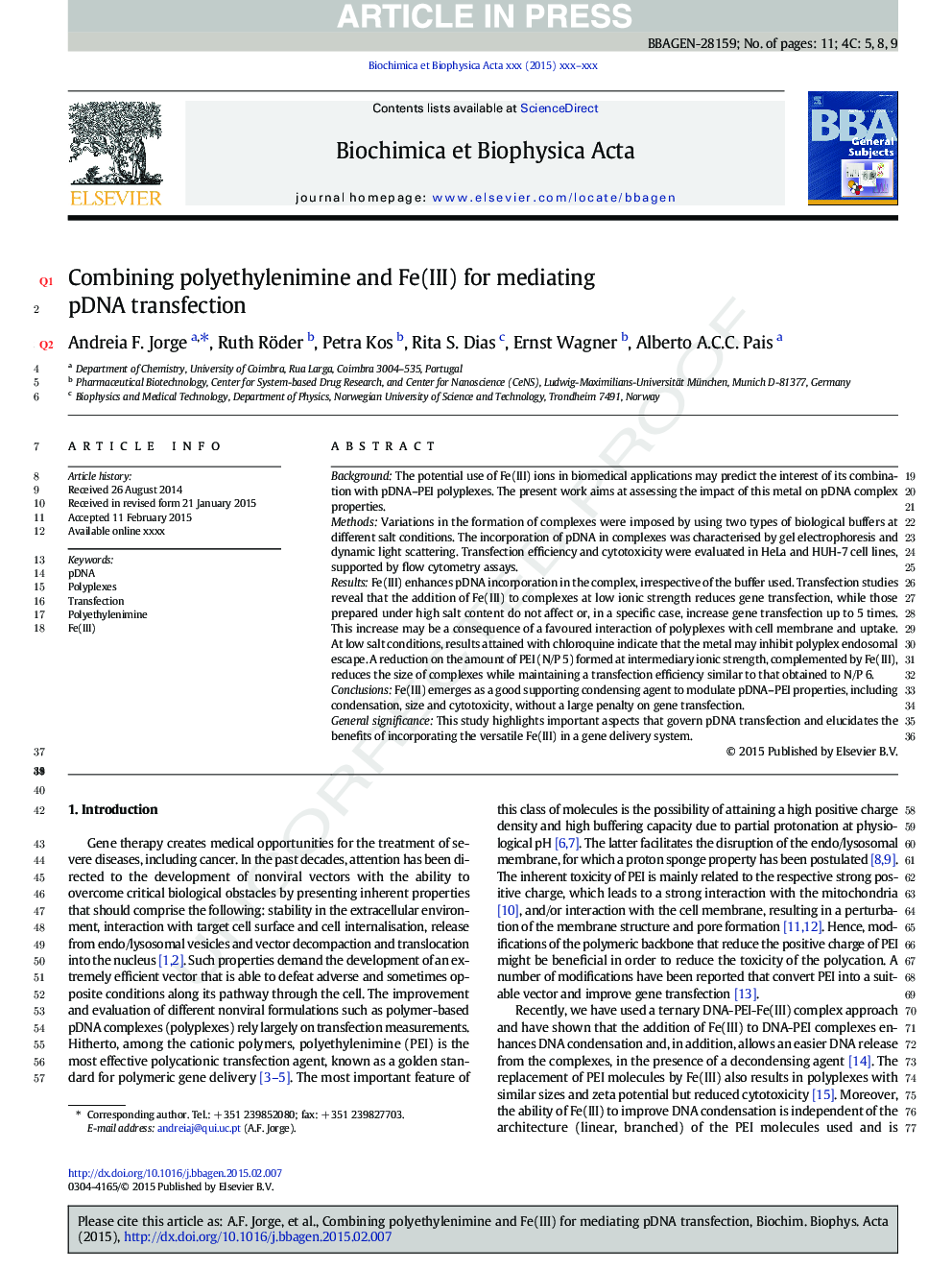 Combining polyethylenimine and Fe(III) for mediating pDNA transfection