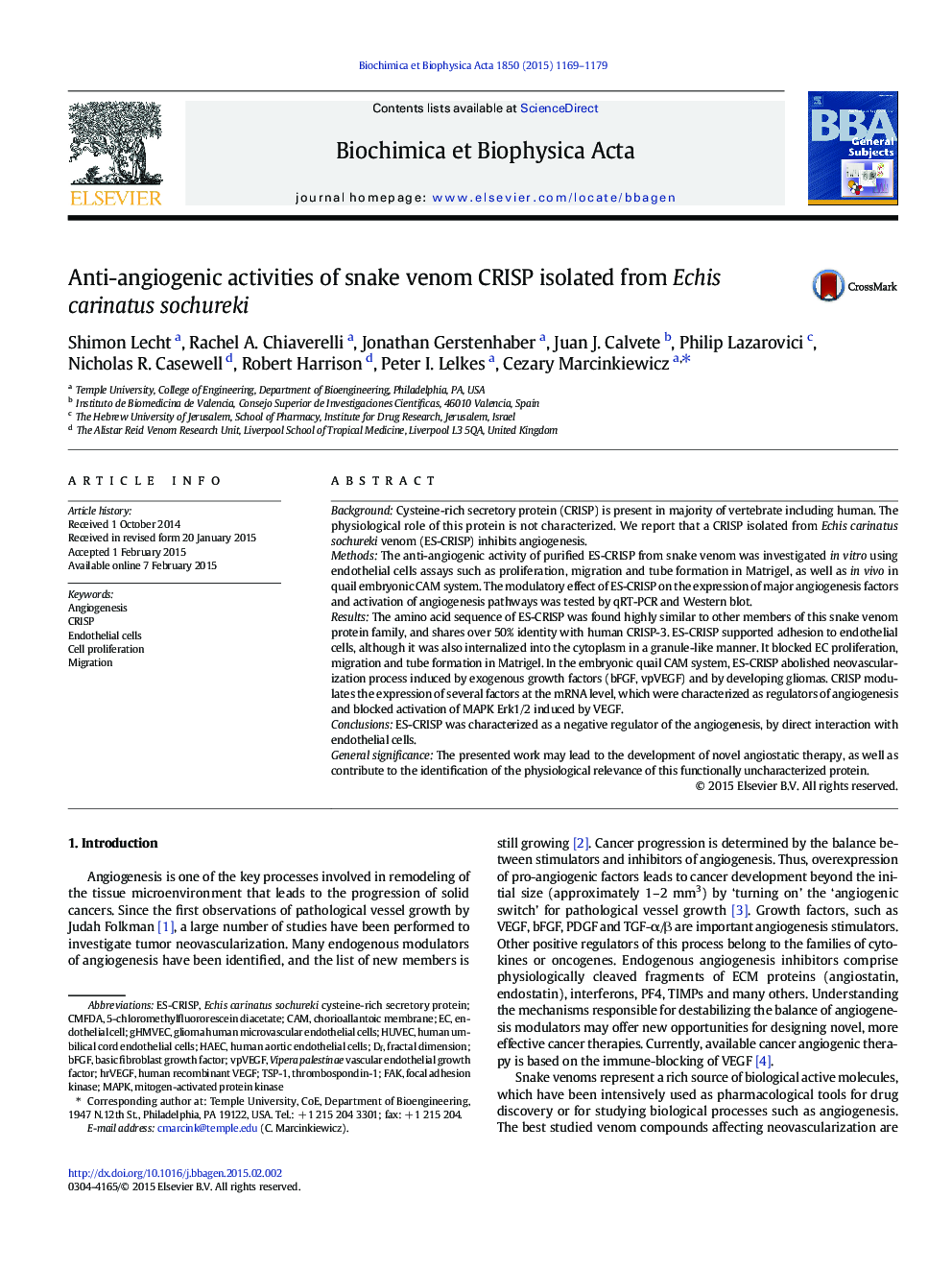 Anti-angiogenic activities of snake venom CRISP isolated from Echis carinatus sochureki