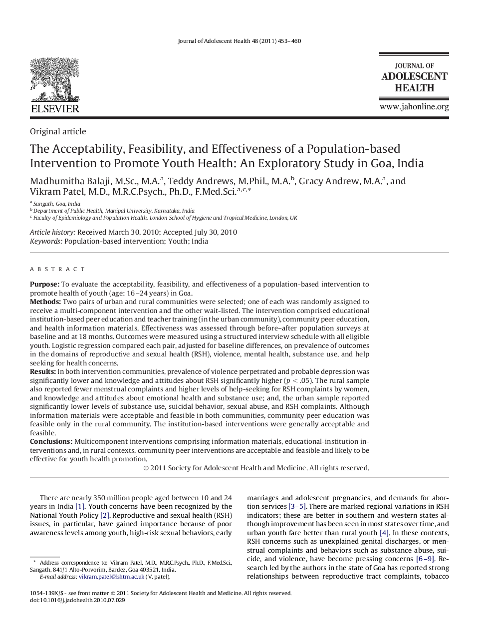 The Acceptability, Feasibility, and Effectiveness of a Population-based Intervention to Promote Youth Health: An Exploratory Study in Goa, India