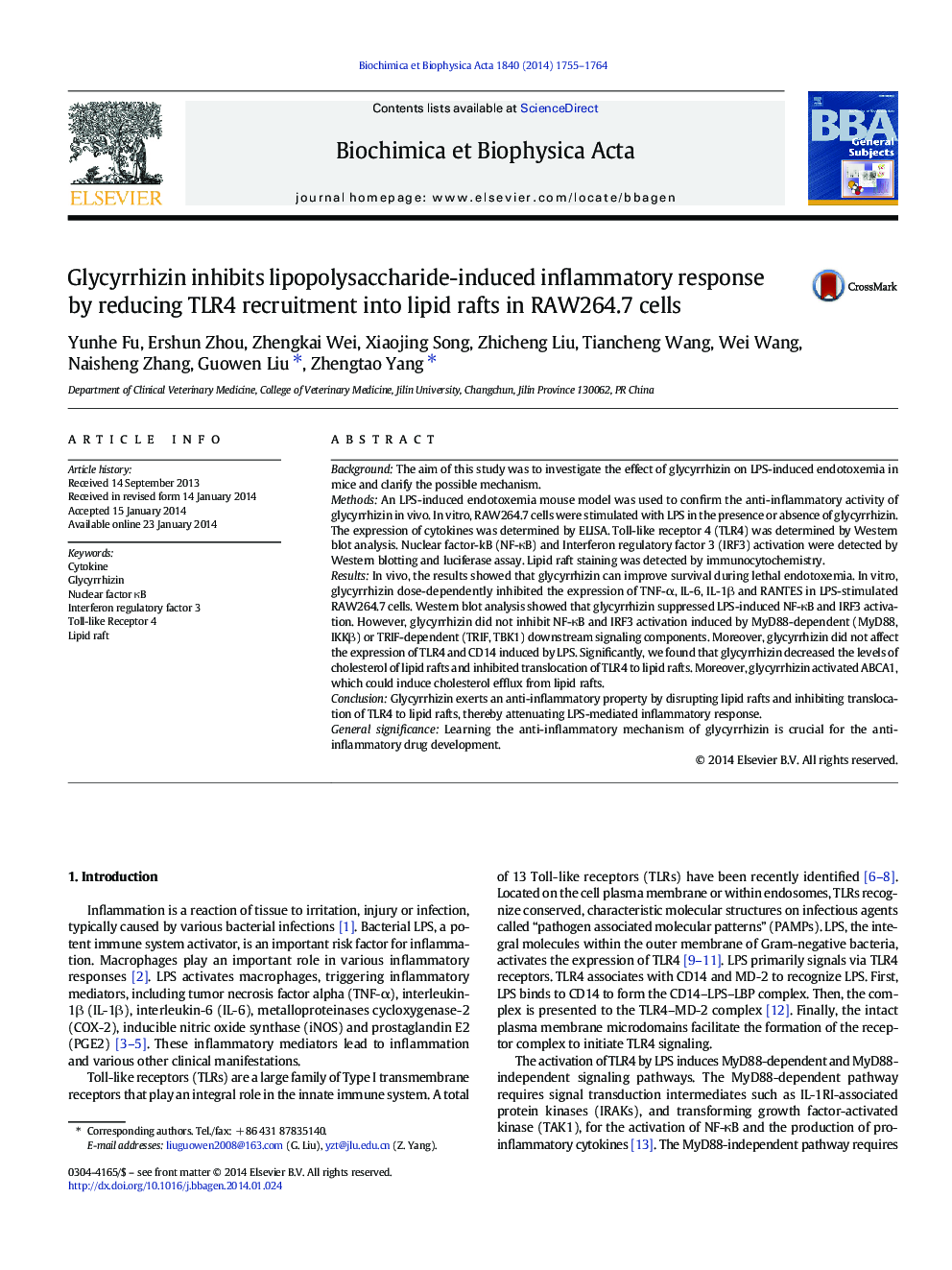 Glycyrrhizin inhibits lipopolysaccharide-induced inflammatory response by reducing TLR4 recruitment into lipid rafts in RAW264.7 cells