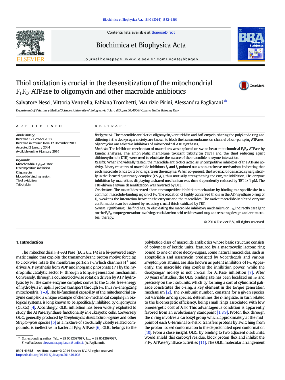 Thiol oxidation is crucial in the desensitization of the mitochondrial F1FO-ATPase to oligomycin and other macrolide antibiotics