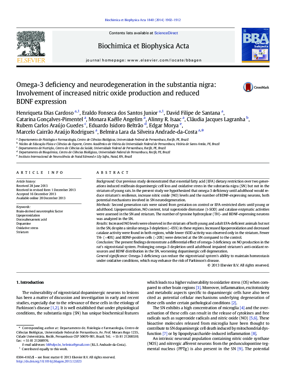 Omega-3 deficiency and neurodegeneration in the substantia nigra: Involvement of increased nitric oxide production and reduced BDNF expression