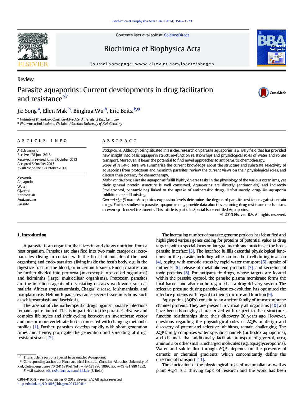 Parasite aquaporins: Current developments in drug facilitation and resistance