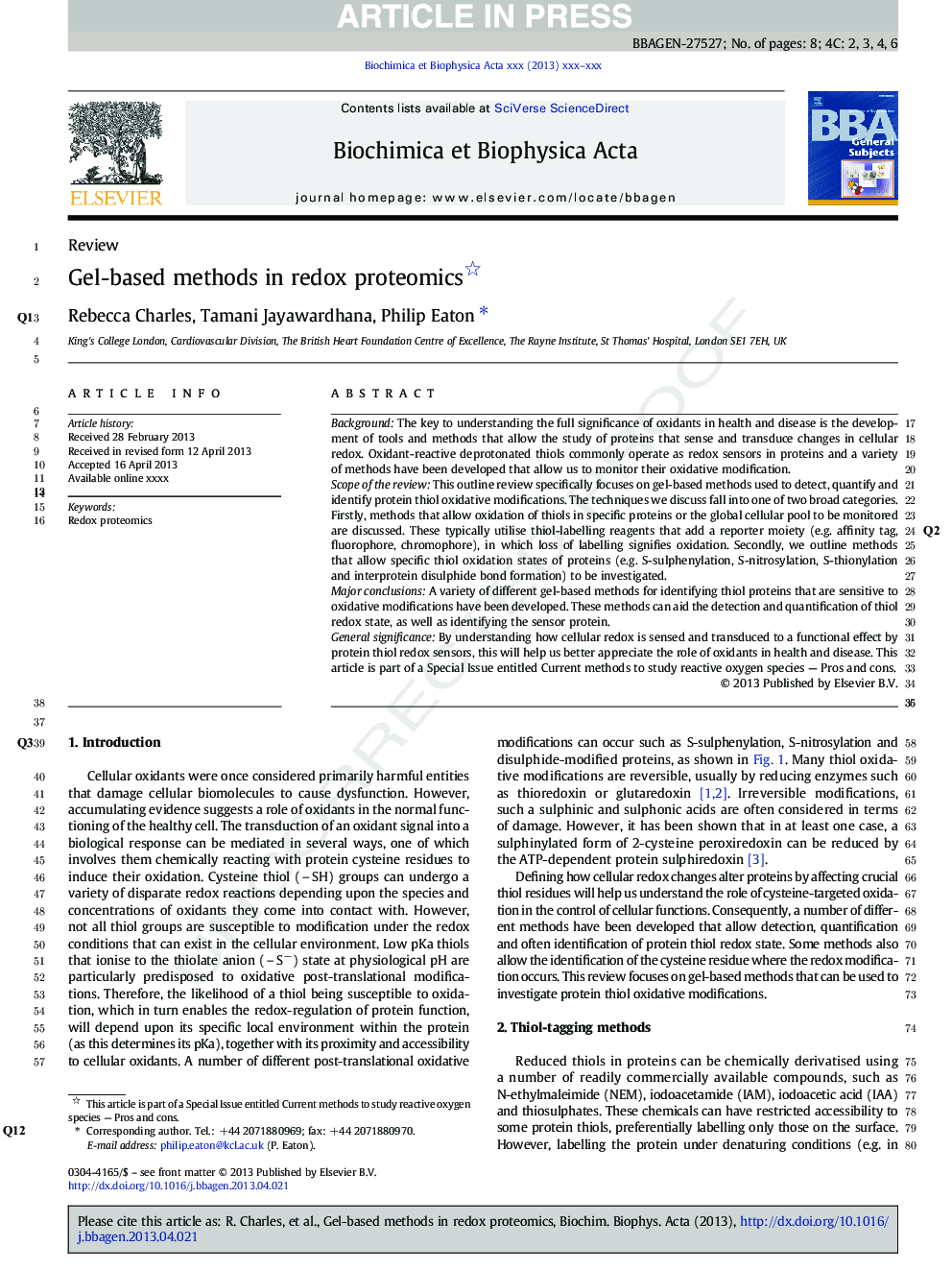 Gel-based methods in redox proteomics