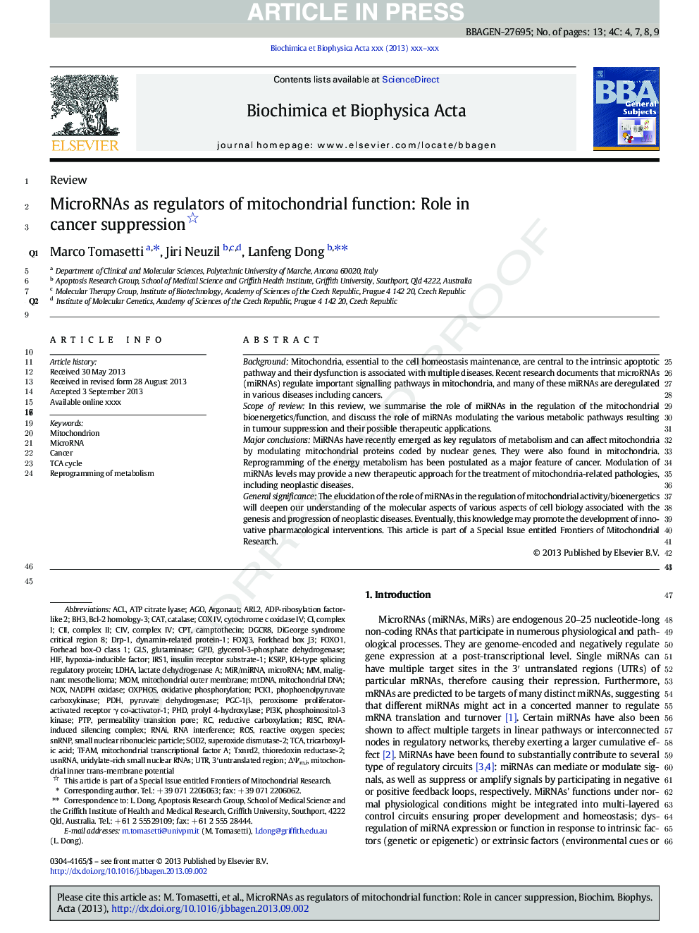 MicroRNAs as regulators of mitochondrial function: Role in cancer suppression