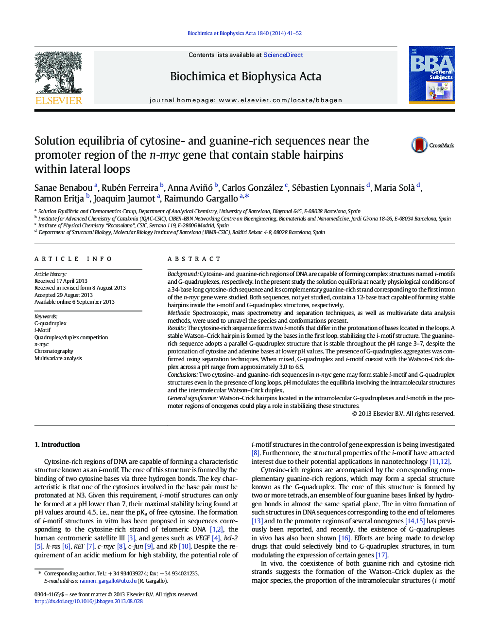 Solution equilibria of cytosine- and guanine-rich sequences near the promoter region of the n-myc gene that contain stable hairpins within lateral loops