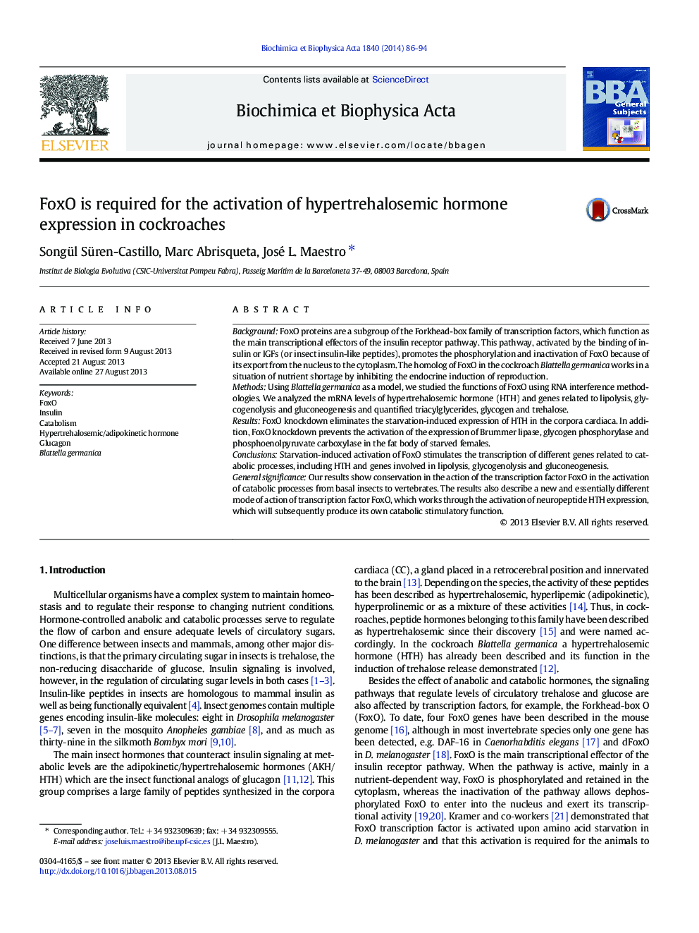 FoxO is required for the activation of hypertrehalosemic hormone expression in cockroaches