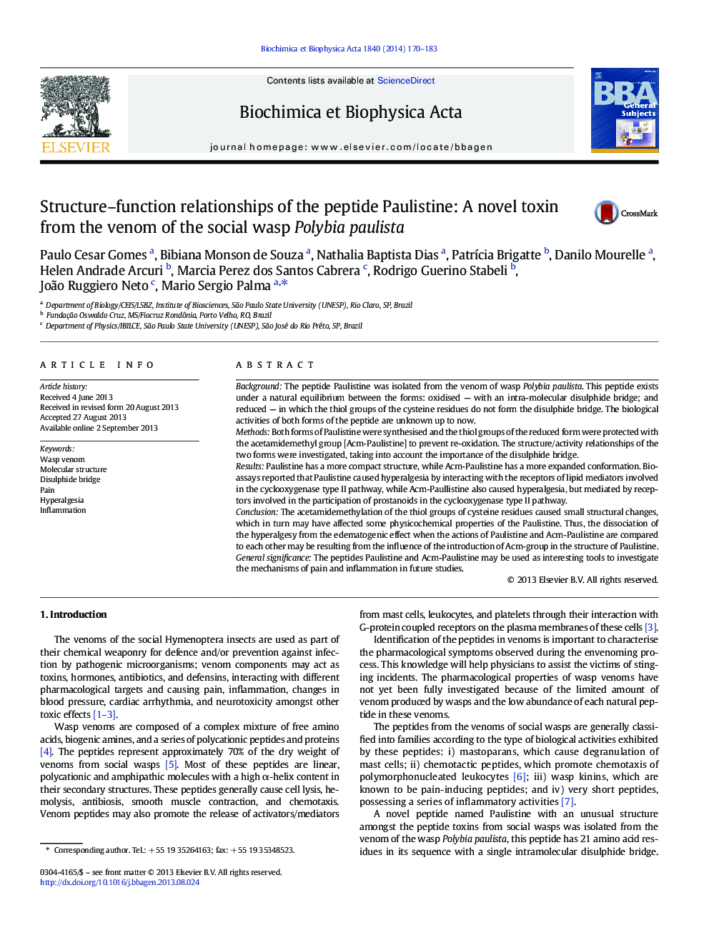 Structure-function relationships of the peptide Paulistine: A novel toxin from the venom of the social wasp Polybia paulista