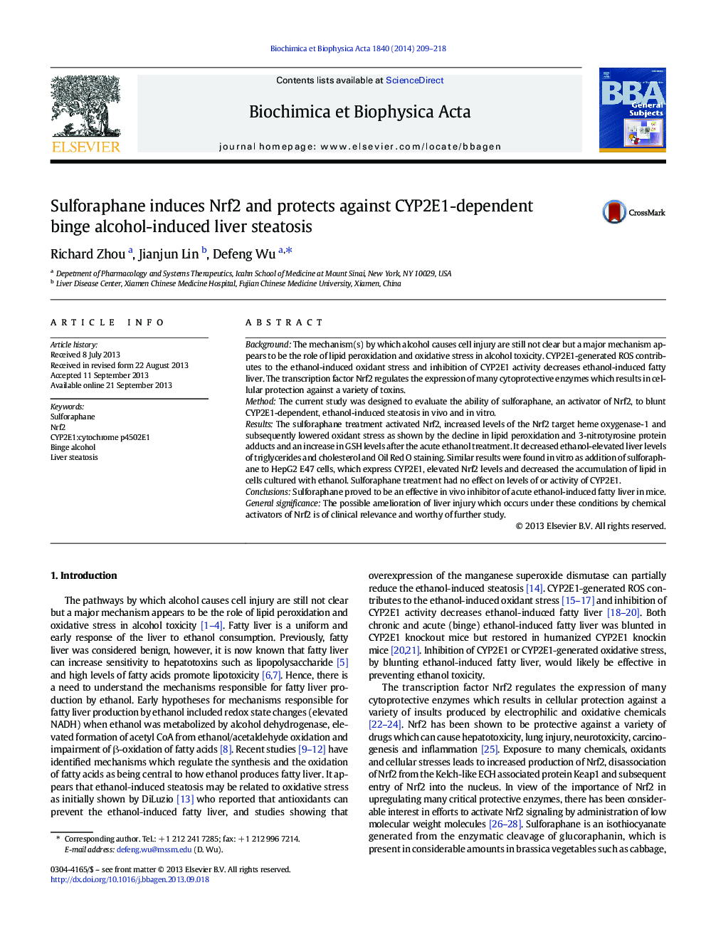 Sulforaphane induces Nrf2 and protects against CYP2E1-dependent binge alcohol-induced liver steatosis