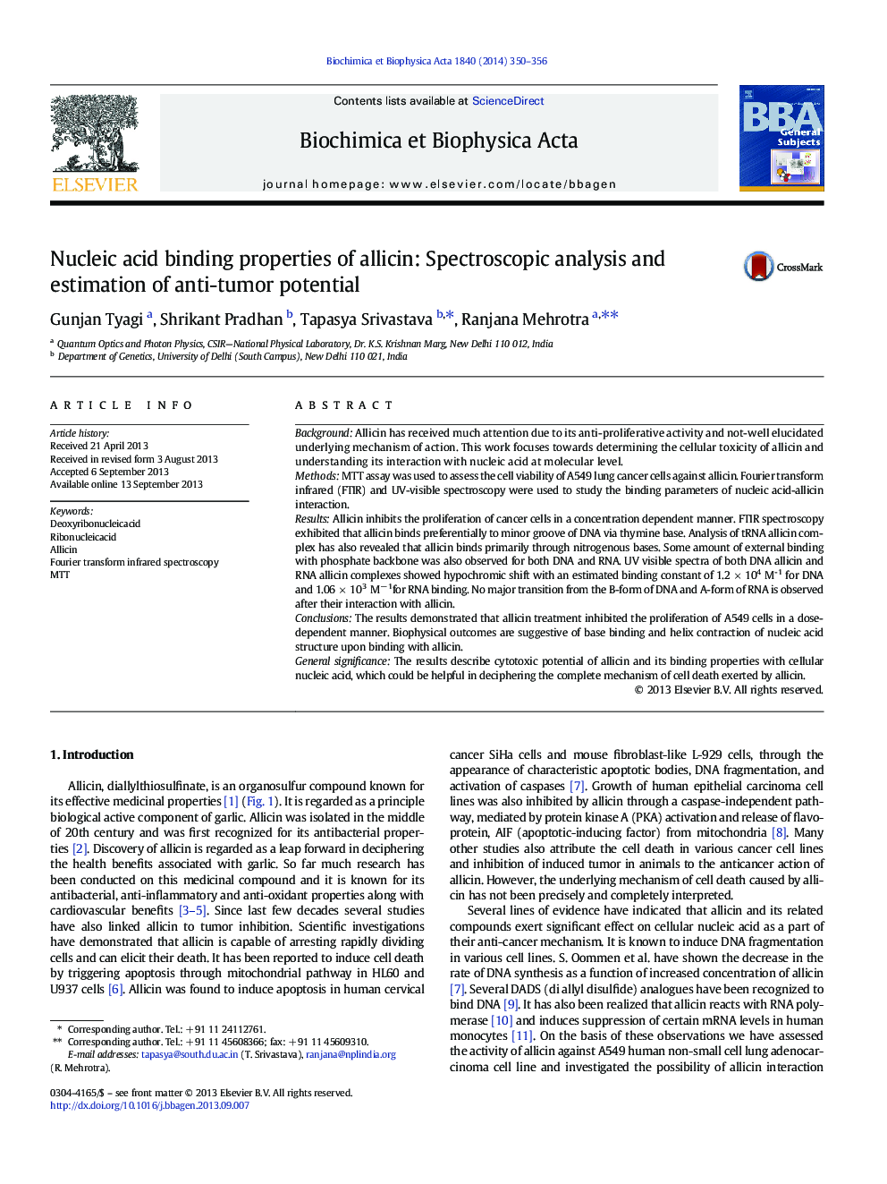 Nucleic acid binding properties of allicin: Spectroscopic analysis and estimation of anti-tumor potential