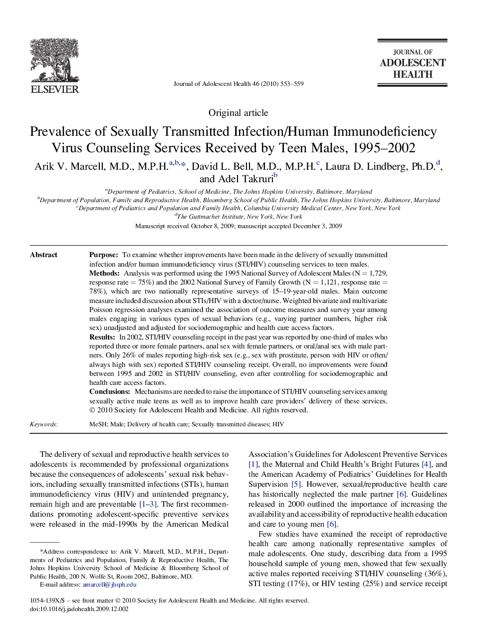 Prevalence of Sexually Transmitted Infection/Human Immunodeficiency Virus Counseling Services Received by Teen Males, 1995–2002