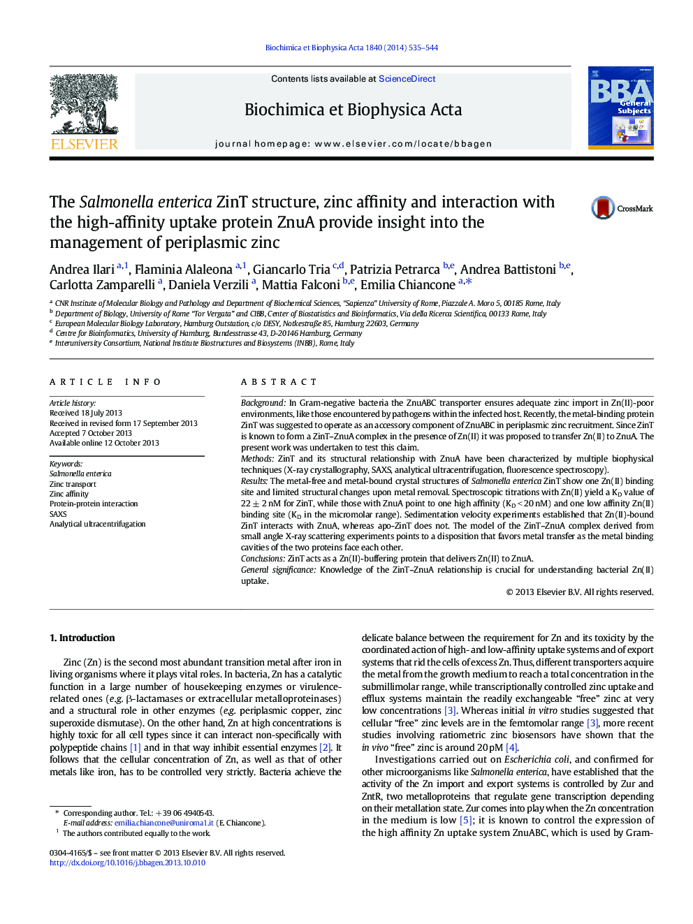 The Salmonella enterica ZinT structure, zinc affinity and interaction with the high-affinity uptake protein ZnuA provide insight into the management of periplasmic zinc