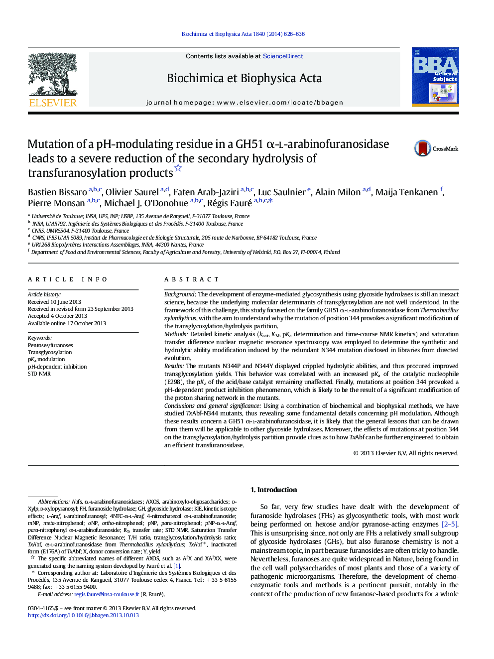 Mutation of a pH-modulating residue in a GH51 Î±-l-arabinofuranosidase leads to a severe reduction of the secondary hydrolysis of transfuranosylation products