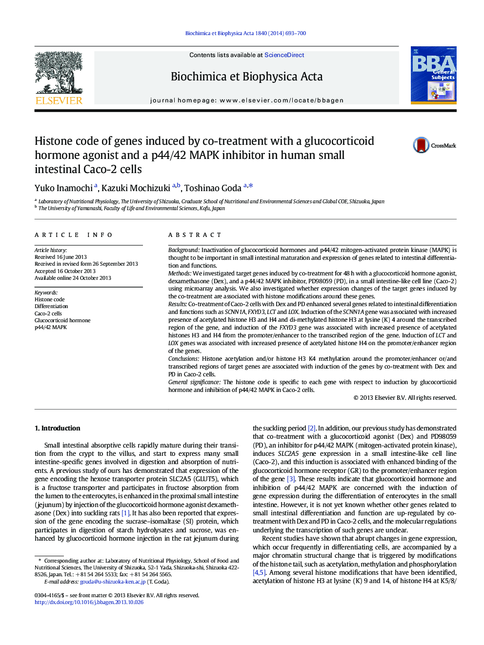 Histone code of genes induced by co-treatment with a glucocorticoid hormone agonist and a p44/42 MAPK inhibitor in human small intestinal Caco-2 cells