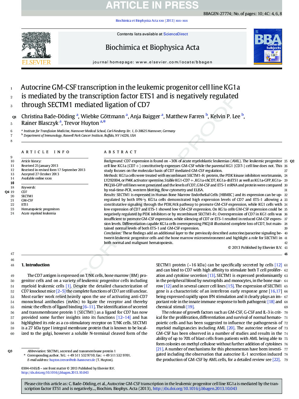 Autocrine GM-CSF transcription in the leukemic progenitor cell line KG1a is mediated by the transcription factor ETS1 and is negatively regulated through SECTM1 mediated ligation of CD7